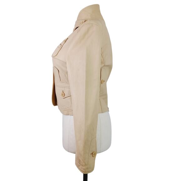 BCBGMAXAZRIA SZ L 100% Leather Butter Tan Short 3 Button Collared Jacket Pockets - Picture 4 of 8